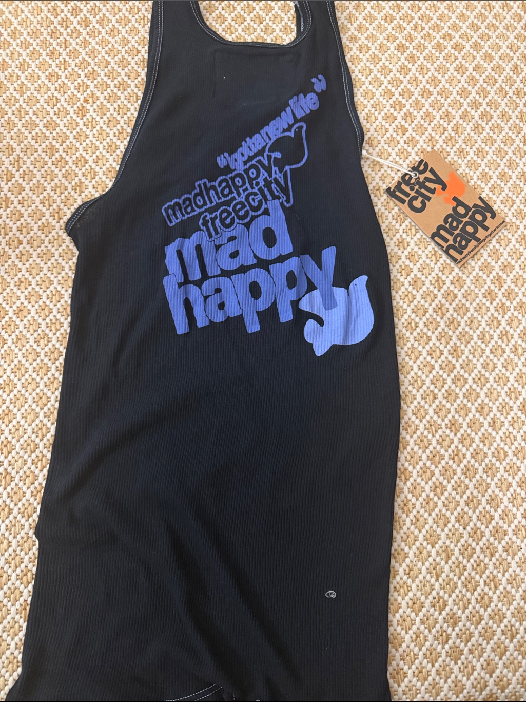 Freecity Mad Happy Black Ribbed Tank With Ink Blue Detail